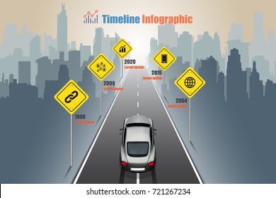 Business road map timeline infographic concepts, sport car is running to city. Vector illustration