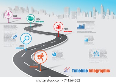 Business road map timeline infographic city designed for template, diagram process technology digital data presentation chart. Vector illustration