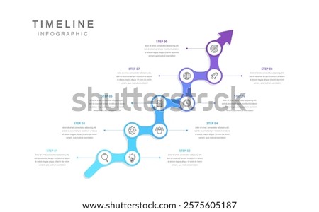 Business road map timeline infographic concept. with icons and 9 steps. Can be used for workflow layout, icons, diagram, report, web design Creative. marketing data. Vector illustration