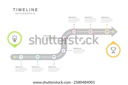 Business road map timeline infographic concept. with icons and 8 steps. Corporate milestones graphic elements. marketing data. Modern vector history timeline design presentation