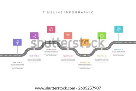 Business road map timeline infographic concept. with icons and 7 options, Corporate milestones graphic elements. workflow layout, diagram, report, web design. Creative, vector