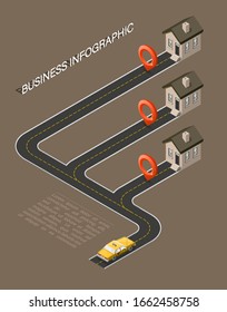 Business road map timeline isometry infographic with Yellow cab taxi with three dwelling house. Isometric template milestone element