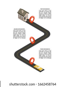 Business road map timeline isometry infographic with Yellow cab taxi with dwelling house. Isometric template milestone element