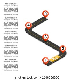 Historias de la escala de tiempo de negocios infografía con taxi amarillo. Elemento hito de plantilla isométrico