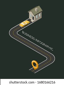 Plano de trabajo isométrico infográfico con taxi amarillo con casa de vivienda. Elemento hito de plantilla isométrico