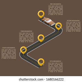 Business road map timeline isometry infographic with car. Isometric template milestone element 3d transport