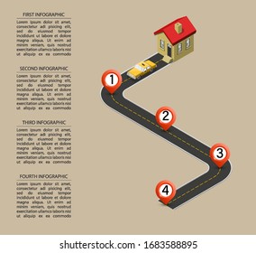 Plano de trabajo isométrico infográfico con taxi amarillo con casa de vivienda. Elemento hito de plantilla isométrico