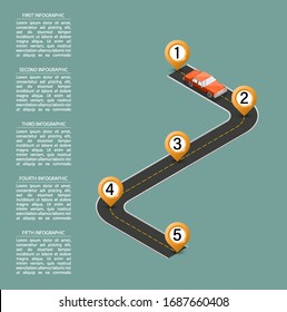 Business road map timeline isometry infographic with car. Isometric template milestone element 3d transport