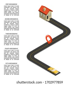 Plano de trabajo isométrico infográfico con taxi amarillo con casa de vivienda. Elemento hito de plantilla isométrico