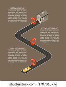 Business road map timeline isometry infographic with Yellow cab taxi with dwelling house. Isometric template milestone element