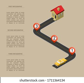 Plano de trabajo isométrico infográfico con taxi amarillo con casa de vivienda. Elemento hito de plantilla isométrico