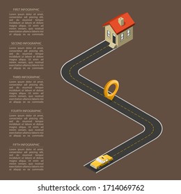 Plano de trabajo isométrico infográfico con taxi amarillo con casa de vivienda. Elemento hito de plantilla isométrico