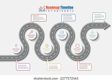 Business roadmap flat timeline infographic template with pointers designed for abstract background. Six steps diagram process technology digital marketing data presentation chart Vector illustration
