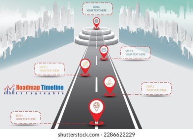 Hoja de ruta comercial para el objetivo en la plantilla de infografía de línea de tiempo de podio con punteros diseñados para el diagrama de hitos de fondo abstracto tecnología de marketing digital presentación de datos Vector ilustración