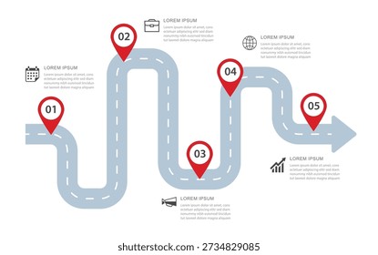Business roadmap infographic with 5 numbered steps for success and goal.