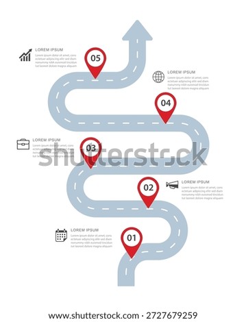 Business roadmap infographic with 5 numbered steps for success and goal.