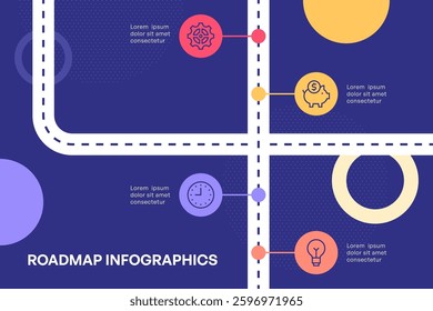 Business Roadmap Infographic with Intersecting Paths and Key Steps Vector Illustration
