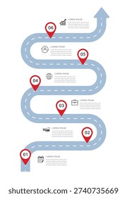 Business roadmap infographic with six steps and red pin pointers on the road.