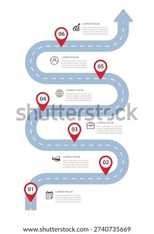 Business roadmap infographic with six steps and red pin pointers on the road.