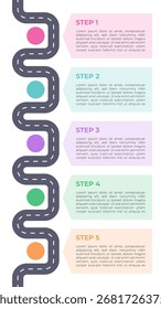 Plantilla De Infografía De Hoja De Ruta Empresarial Con Bloques De Color De Cinco Pasos Y Ilustración vectorial De Camino De Carretera Sinuosa
