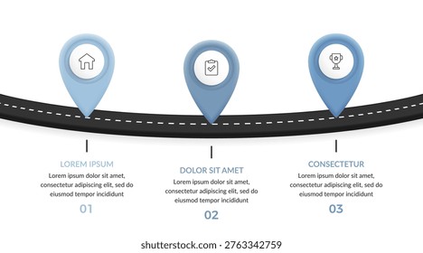 Business roadmap infographic template with three location pins on curved road