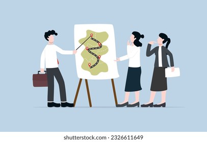 Business roadmap, strategic plan to achieve goal, setting clear direction and timeline for growth and development concept, Business teammates planning road map of success.