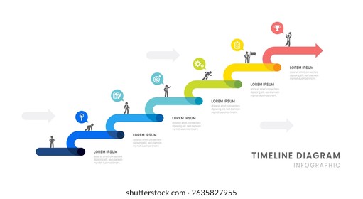 Business roadmap timeline infographic with 6 arrow milestones elements, diagram, and icon, vector.