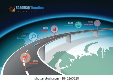 Business roadmap timeline infographic expressway on world designed for background template milestone modern diagram process technology digital marketing data presentation chart. Vector illustration