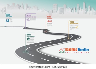 Business roadmap timeline infographic template with pointers designed for city background milestone modern diagram process technology digital marketing data presentation chart Vector illustration