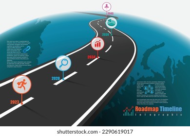 Business roadmap timeline infographic world background template with pointers designed milestone element modern diagram process technology digital marketing data presentation chart Vector illustration