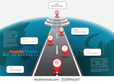 Plantilla de fondo mundial de infografía de la línea de tiempo de la hoja de ruta del negocio con punteros elemento de hito diseñado tecnología de proceso de diagrama moderno Ilustración vectorial de gráfico de presentación de datos de marketing digital