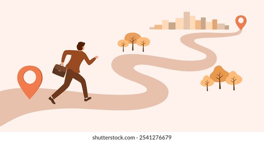 Business roadmap, Work process or work progress. Way to success. Businessman project manager running work on project timeline vector illustration.