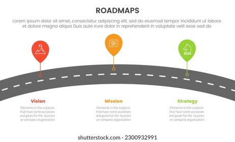 infraestructura de procesos de hojas de ruta de negocios 3 etapas con concepto de ruta de curva y tema de luz para presentación de diapositivas