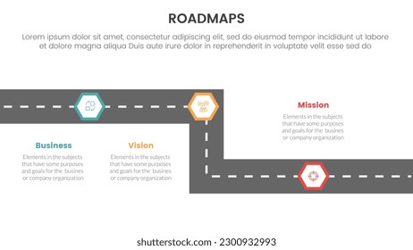 marco de trabajo de hojas de ruta de negocios infografía de 3 etapas con forma de peine de abeja de vía recta y concepto de tema ligero para presentación de diapositivas