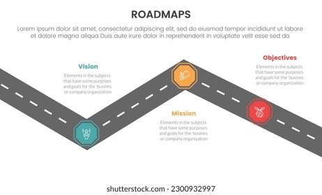 infraestructura de procesos de hojas de ruta de negocios 3 etapas con concepto de ruta de giro y tema de luz para presentación de diapositivas