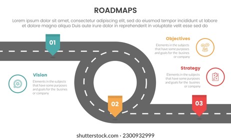 marco de procedimientos de hojas de ruta de negocios infografía de 3 etapas con el concepto de ruta de infinito circular y tema claro para presentación de diapositivas