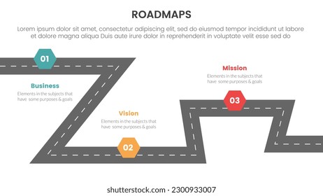 infraestructura de procesos de hojas de ruta de negocios para 3 etapas con un concepto de ruta de acceso y de tema ligero para presentación de diapositivas