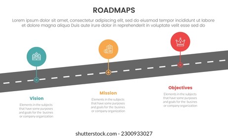 infraestructura de procesos de hojas de ruta de negocios de 3 etapas con puntos esquemáticos de carreteras y círculos y concepto de tema claro para presentación de diapositivas