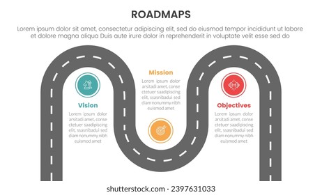 infraestructura de procesos de hojas de ruta de negocios 3 etapas con bobinas de carreteras y concepto de temas de caída para presentación de diapositivas