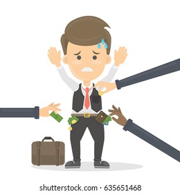 Business robbery concept illustration. Sad worried man with hands up is robbed by thieves.