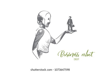 Conceito de robô de negócios. Robô desenhado à mão segurando empresário à mão. Tecnologia de automação e inteligência artificial ilustração vetorial isolada.