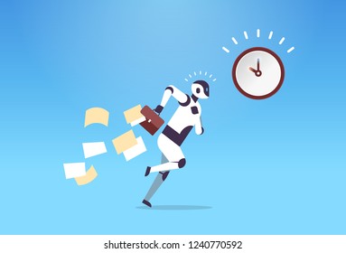 business robot running with falling papers from briefcase time management deadline artificial intelligence technology concept flat horizontal