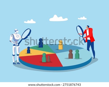 Business with Robot teamwork  analyzing customer segment pie chart.Customer segment analysis for marketing or advertising, target audienc profile to target concept,  vector