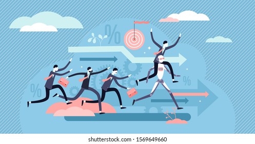 Business robot vector illustration. Flat tiny technological advantage persons concept. Successful strategy with IT solution handicap against business competitors. Privilege futuristic assistant boost.