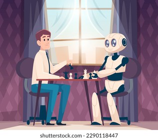 Robots empresariales. Personas y androides conexión exacta vector cartografía conceptual de fondo juego de ajedrez