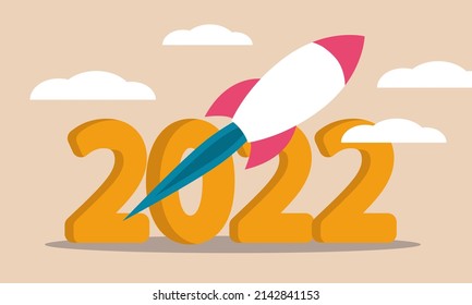 Business rocket 2022 and business achievement. Future goal and growth mission startup vector illustration concept. Project motivation and vision. Futuristic innovation and creativity spaceship