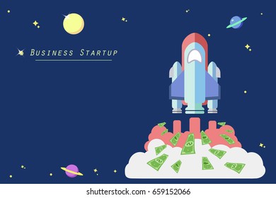 Business rocket flying with money booster. business startup concept. Launch Project start up business by money fuel. 
Business Rocket with space for text. flat vector illustration EPS10.