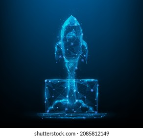 business rocket launch from laptop low poly. start up to success concept. consisting of points, lines, and triangle. vector illustration futuristic style. isolated on blue dark background.