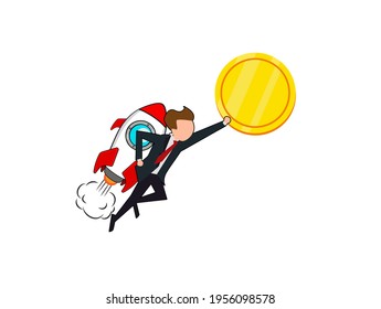 Business rocket launch. Man with jetpack flying upwards. Crypto currency price and value increase concept. Go to the moon