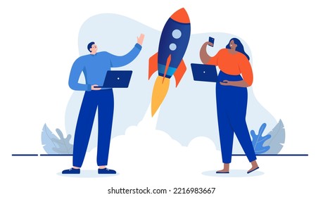 Business rocket launch - Man and woman at work with laptop computer watching spaceship takeoff. Flat design cartoon vector illustration with white background